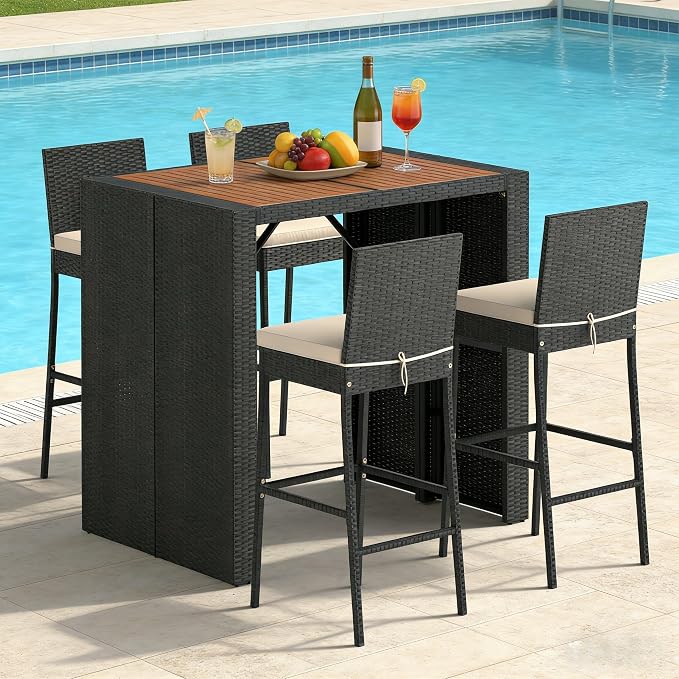 COSTWAY 5 Piece Patio Bar Set, Outdoor Rattan Wicker Bar Table and 30'' High - Image 8