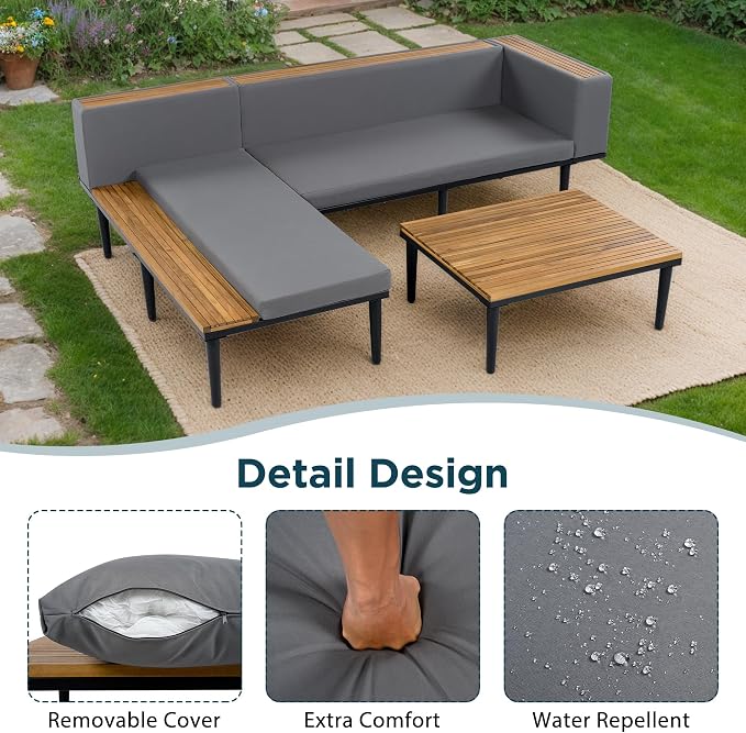 Acacia Wood Patio Furniture Set, Luxury Outdoor Conversation Sectional Sofa - Image 3