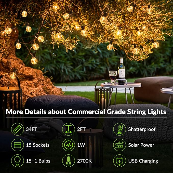 Lakumu 34FT G40 Solar String Lights, Globe Outdoor String Lights - Image 6