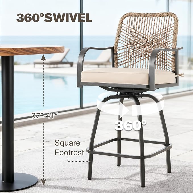 Patio Swivel Bar Stools Set of 4, Outdoor Rattan Height Bar Patio Swivel Chairs - Image 5