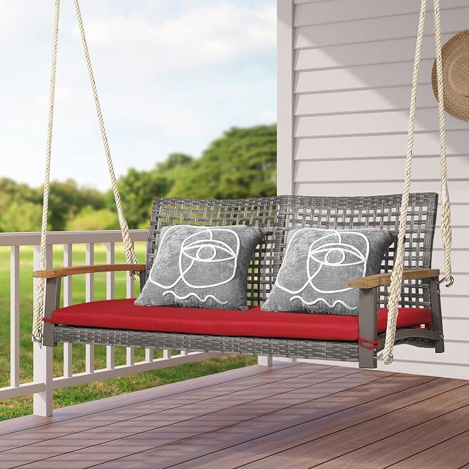 Happygrill 2-Person Patio Porch Swing Chair, Outdoor Rattan Swing Bench - Image 2