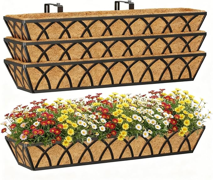 30 Inch Window Deck with Coco Liner, Fence Metal Hanging Flower Planter Window by YM