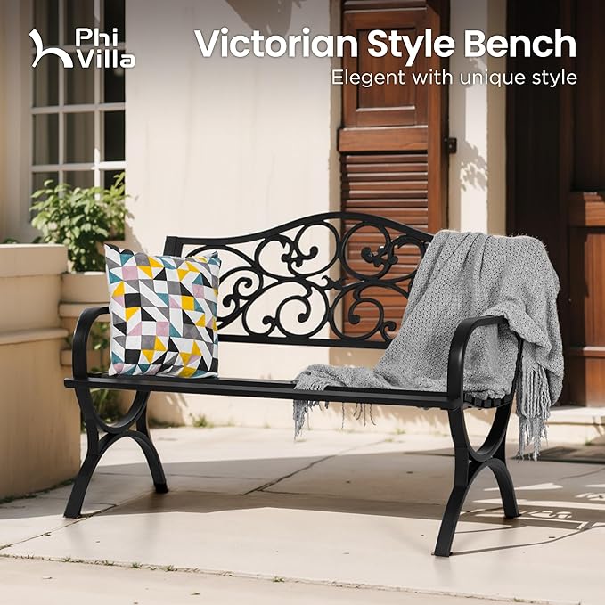 PHI VILLA 50-Inch Cast Iron Steel Frame Garden Bench Outdoor Patio Bench Chair - Image 3
