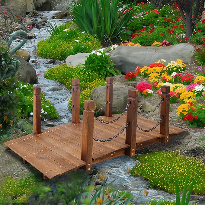 5 FT & 3.3 FT Wooden Garden Bridge, Stained Wood Arc Footbridge - Image 7
