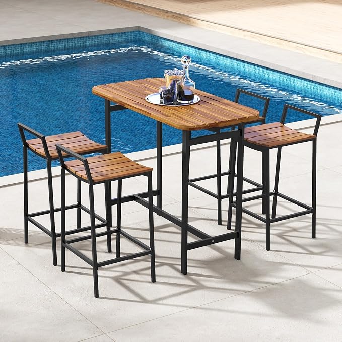 Tangkula 5 Piece Acacia Wood Bar Table Set, Outdoor Bar Height Table & Chairs - Image 3