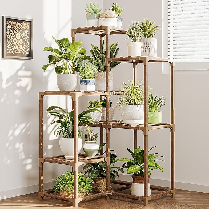 Bamworld Plant Stand Indoor Plant Shelf Outdoor Corner Wood Plant Table 7 Pots by Bamworld