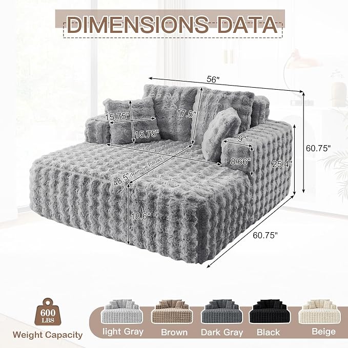 56"W Oversized Chaise Lounge Chair Indoor, Plush Faux Fur Sleeper Couch Sofa Bed - Image 2