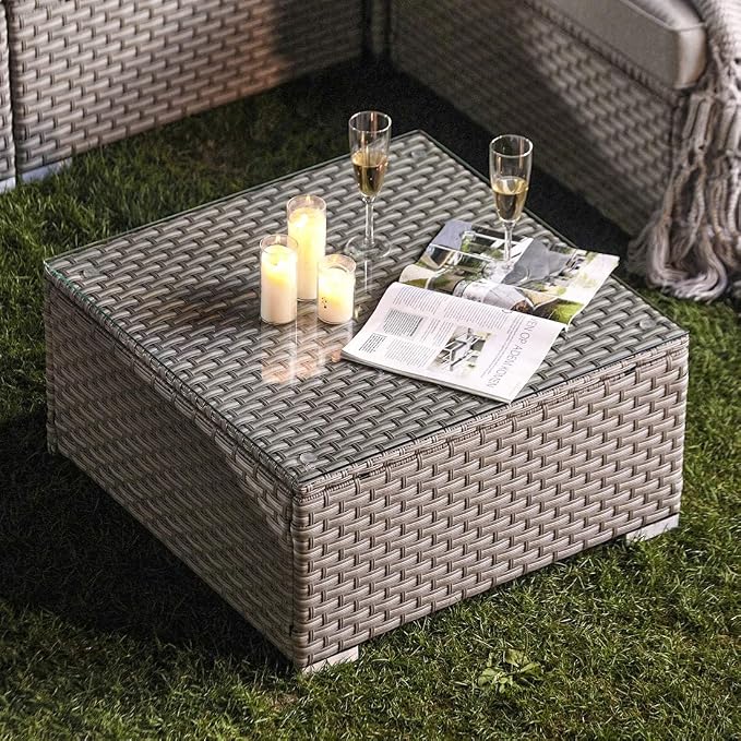 COSIEST Outdoor Furniture Warm Gray Wicker Glass-Top Coffee Table - Image 4