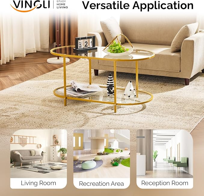 VINGLI 38" Oval Coffee Table, Transparent Glass Metal Coffe Table - Image 7