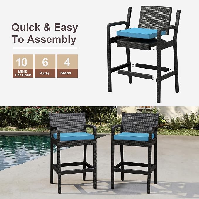 Outdoor Bar Stools Set of 4, Wicker Bar Chair - Image 6