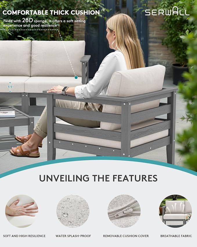 SERWALL HDPE Patio Furniture Set, 4 Pieces Outdoor Sectional Sofa Set, - Image 5
