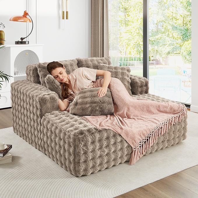 56" W Oversized Chaise Lounge Chair Indoor, Plush Faux Fur Sleeper Couch Sofa - Image 6