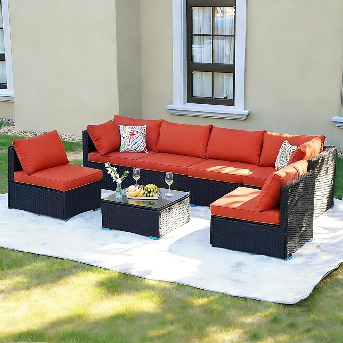 7 Piece Outdoor Patio Furniture Sets, Outdoor Wicker Conversatin Set w Glass by NagaBahna