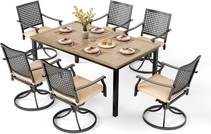 PHI VILLA 7 Pieces Outdoor Set for 6, 65” Wood-Like Metal Steel Dining Table & by PHIVILLAThepioneerofcomfortablehouseholdsupplies