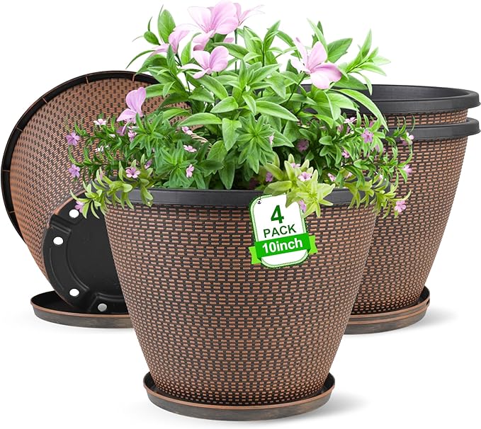 4 Pack 10 inch Plant Pot for Outdoor Indoor, Plastic Flower Pots by Svxtoby