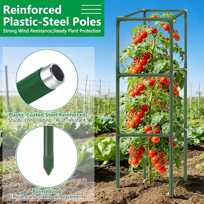 6 Pack Square Tomato Cages, 49.2" Large Upgraded Heavy Duty Steel Tomato - Image 3