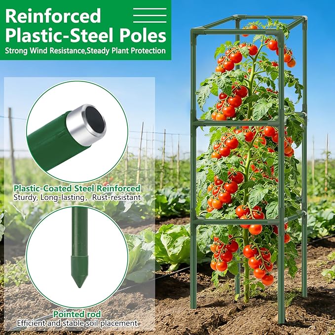 3 Pack Square Tomato Cages, Plant Support Tower Stakes Cucumber Pepper Trellis - Image 3