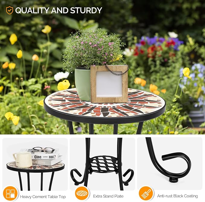 VINGLI Mosaic Outdoor Side Table, Accent Table, Ceramic Tile Top Black Iron - Image 5