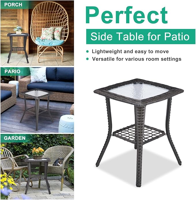 Outdoor Side Table with Storage Wicker Patio Side Table, Tempered Glass Top End - Image 6