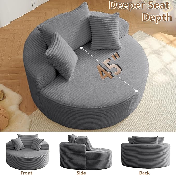 Oversized Round Chair Lounge Chaise Indoor, Upholstered Corduroy Deep Seat - Image 4