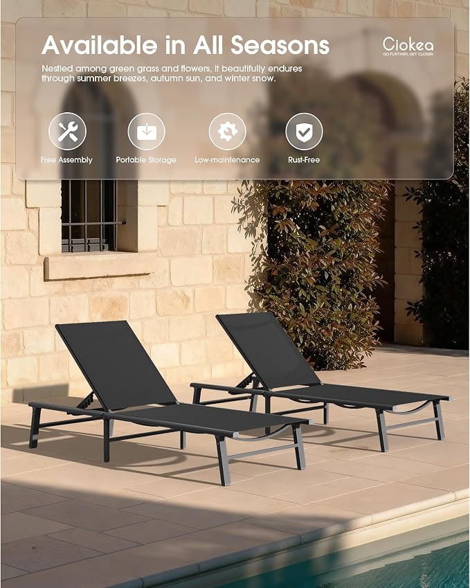 Ciokea Foldable Outdoor Lounge Chair Set of 2, No Assembly Aluminum Chaise - Image 8