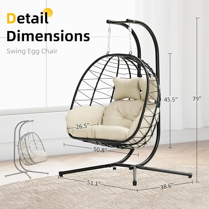 Double Egg Chair with Stand Hammock Swing Chair Foldable Hanging Loveseat - Image 5