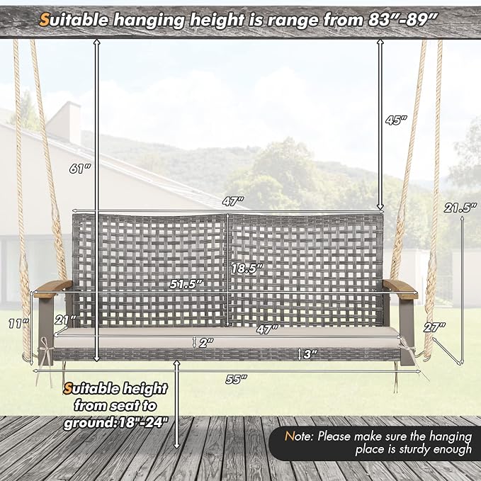 Happygrill 2-Person Patio Porch Swing Chair, Outdoor Rattan Swing Bench - Image 8
