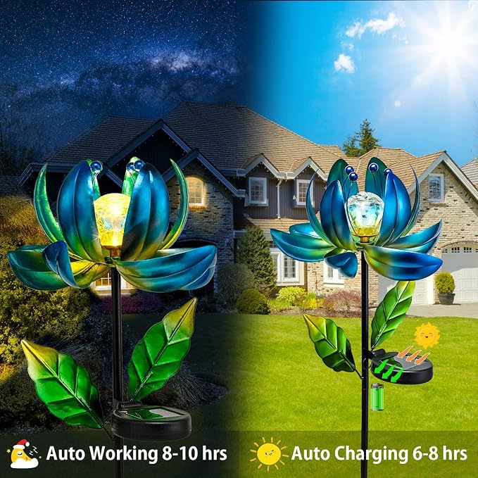 Solar Garden Lights Metal Flower Decor, Colorful Spinning Windmill Lotus - Image 5