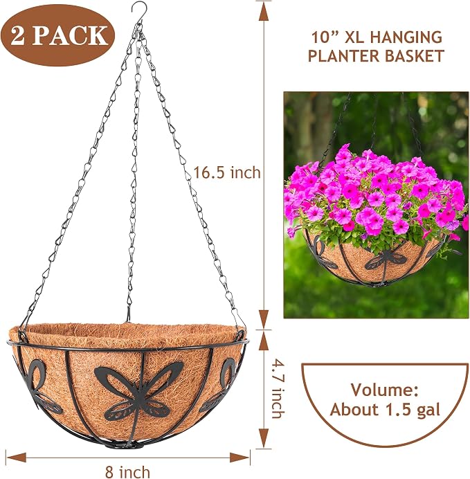 Hanging Baskets Planter for Plants, 2 Pack 8 Inch Round Metal Wire Hanging - Image 2