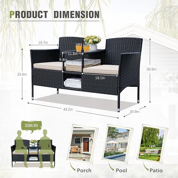 Greesum Patio Loveseat Outdoor Wicker Furniture Conversation Set - Image 7
