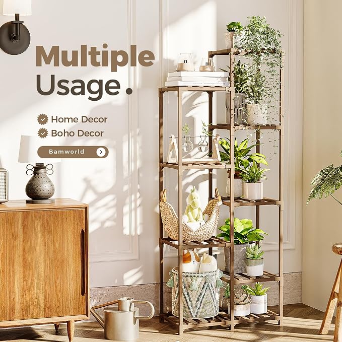 Bamworld Plant Stand Indoor Tall Plant Shelf Outdoor Corner Plants Table Wood - Image 3