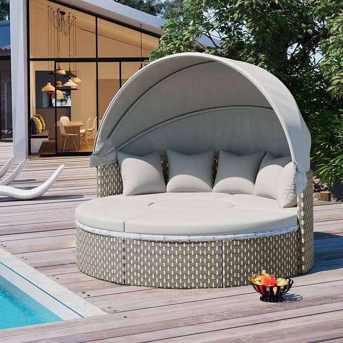 Merax Patio Furniture Round Outdoor Sectional Sofa Set, Rattan Daybed Two-Tone by Merax