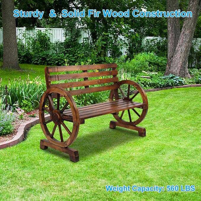Outvita Wooden Garden Bench, Outdoor Rustic Wagon Wheel Bench - Image 4