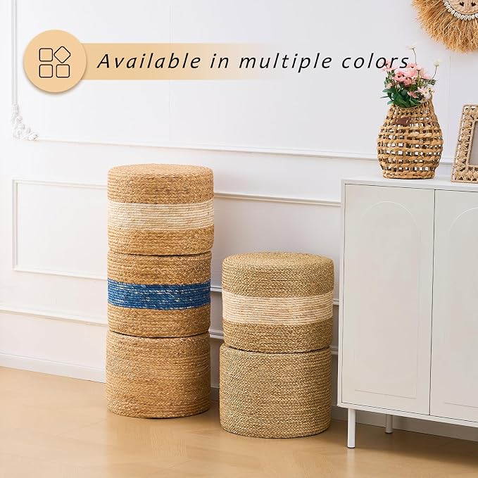 Handwoven Water Hyacinth Ottoman Pouf, Round Outdoor Footstool - Image 6