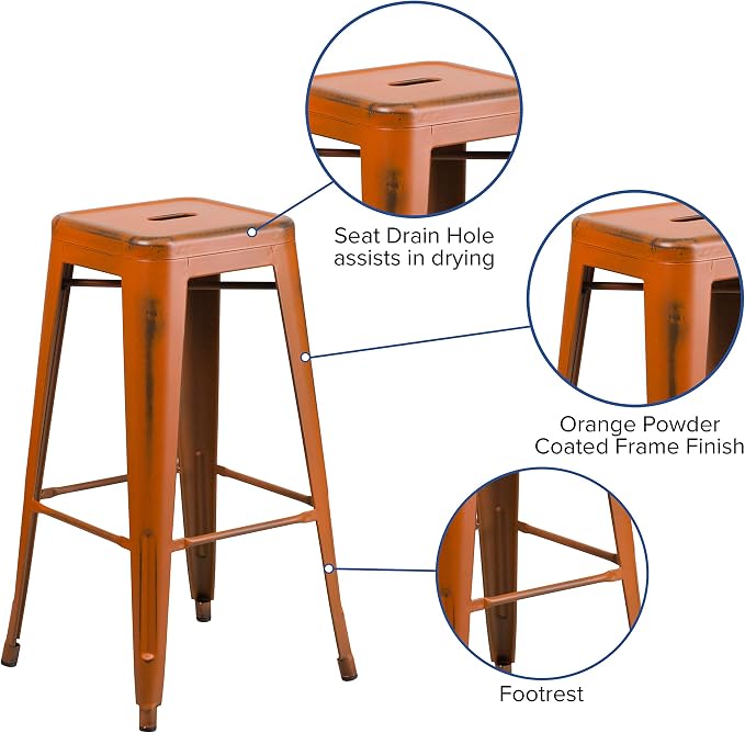 Flash Furniture Kai Commercial Grade 4 Pack 30" High Backless Distressed Orange - Image 4