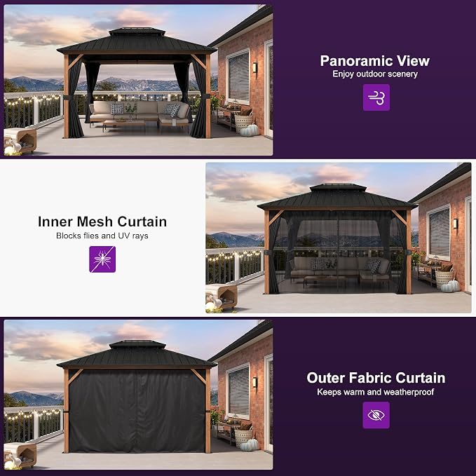 PURPLE LEAF 10' X 12' Hardtop Gazebo Outdoor Wood Grain Aluminum Frame - Image 7