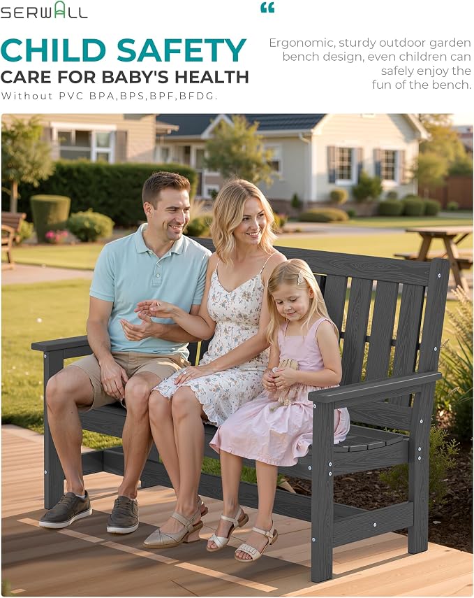 SERWALL Outdoor Bench with Cup Holder, All Weather Patio Benches with High - Image 4