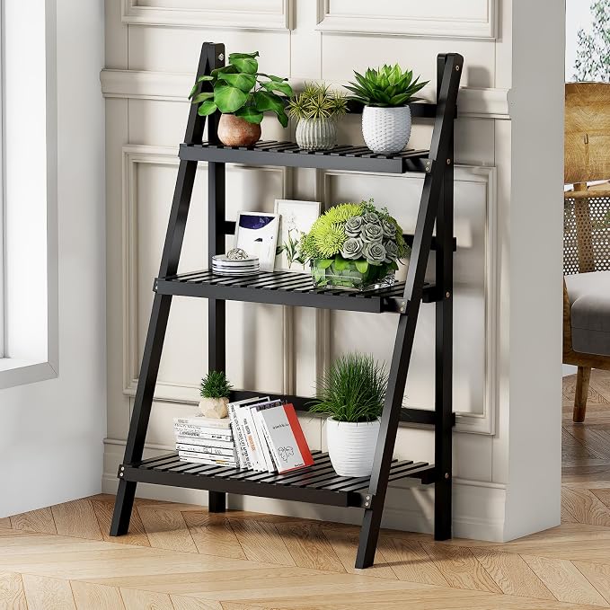 39.4" Foldable Plant Shelf Ladder Shelf, 3 Tier Bamboo Ladder Flower Pot by OAKVIVOElegantLifestyle