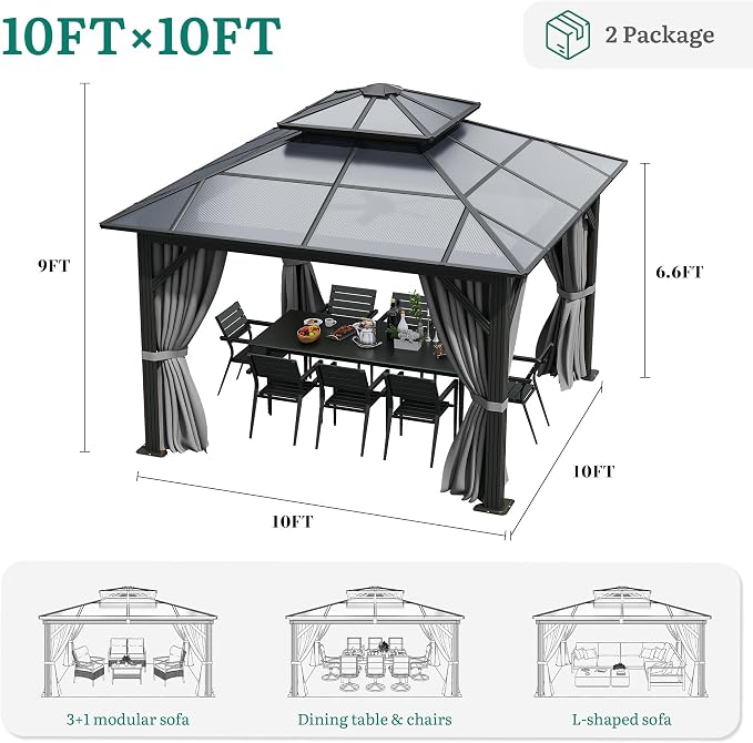 YITAHOME 10X10FT Polycarbonate Gazebo Outdoor Patio Double Top Canopy - Image 7
