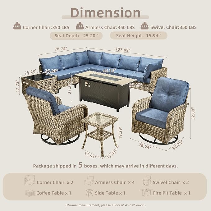 11-Piece Outdoor Sectional Sofa Set w/ 54" Fire Pit – L-Shaped Wicker Patio - Image 8