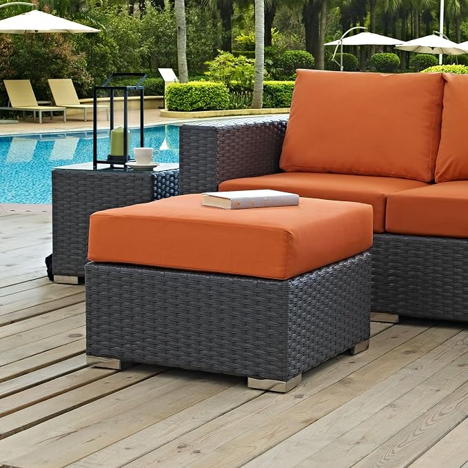 Modway Sojourn Wicker Rattan Outdoor Patio Sunbrella Fabric Ottoman in Canvas - Image 2