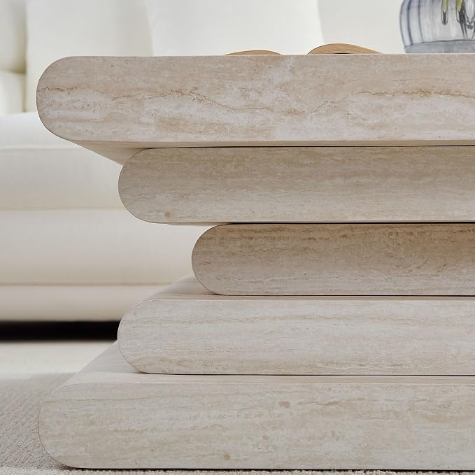 Square Coffee Table 33.86" Faux Marble Pattern Wood Center Table - Image 8