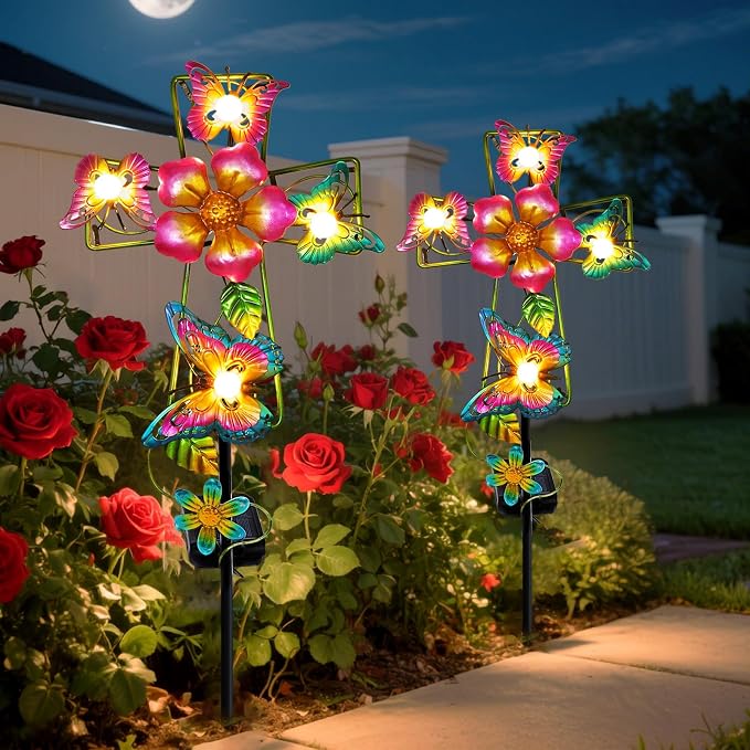 Solar Butterfly Cross Garden Stake Light, Metal Cross Cemetery Decorations - Image 4