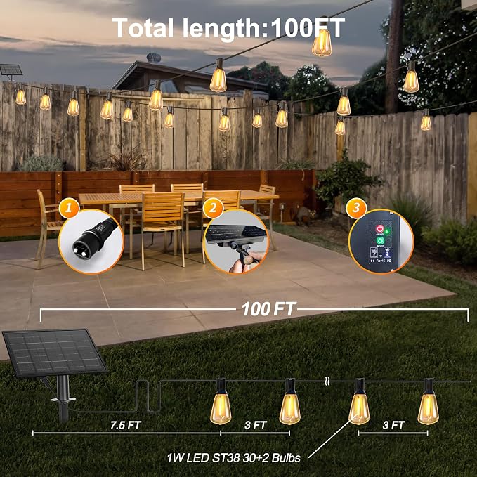 100FT Solar String Lights Outdoor Waterproof - Image 2