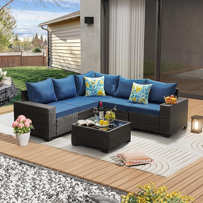 6 Pieces Patio Furniture Set All-Weather Outdoor Wicker Sectional Conversation by JOYURE