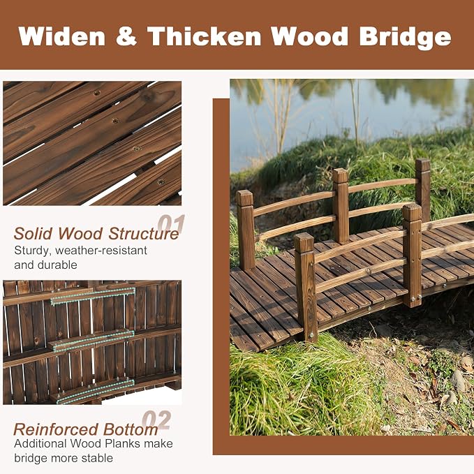 HOMEDIARY 5 FT Fir Wood Garden Bridge, Outdoor Stained Wood Arc Footbridge - Image 4