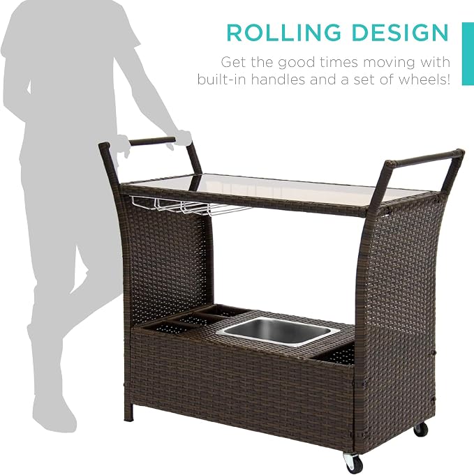 Best Choice Products Outdoor Rolling Wicker Bar Cart w/Removable Ice Bucket - Image 4
