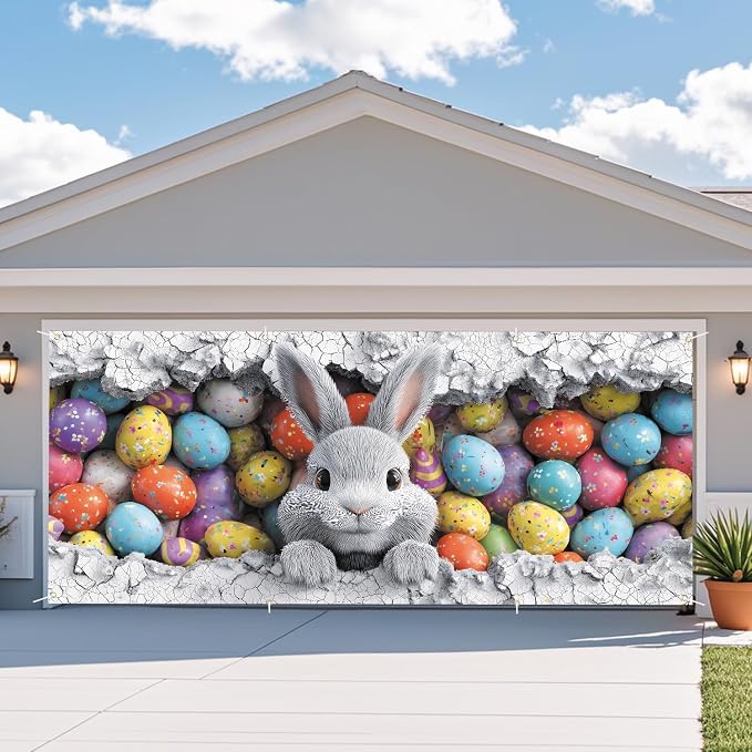 ANNA QUEEN Easter Bunny Garage Door Banner 6x13FT, Cute Rabbit Peeking Cracked - Image 7