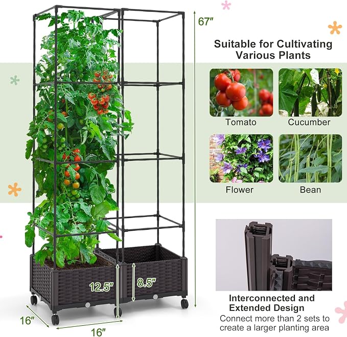 Giantex Raised Garden Bed with Tomato Cages, 67” Adjustable Height, Self - Image 5