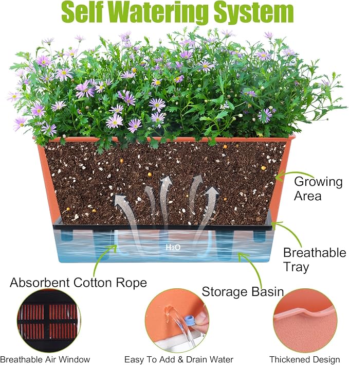 Window Box Planter 6 Pcs, 12.6 Inches Self Watering Rectangle Flower Plant Pots - Image 2